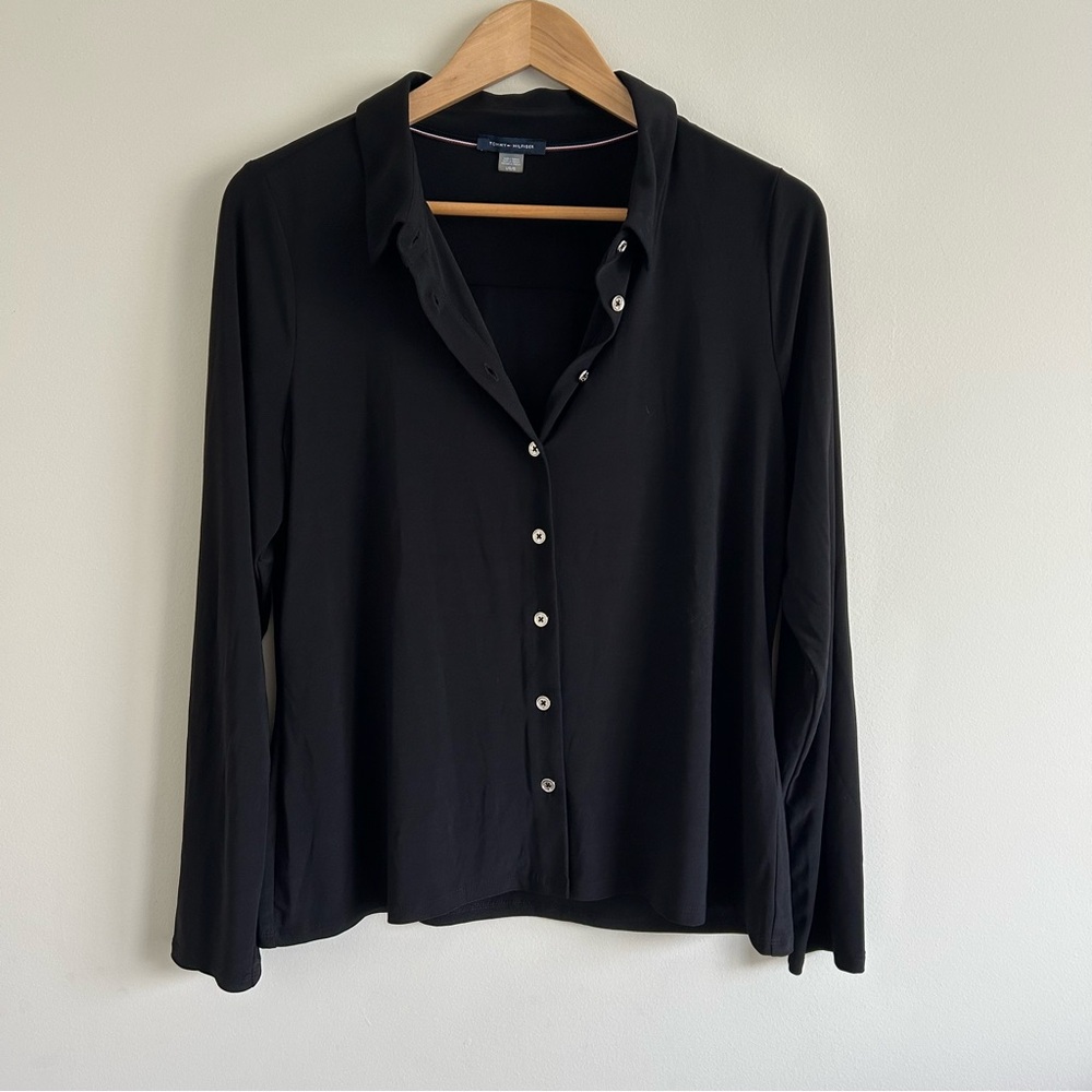 TOMMY HILFIGER y2k Button Up Black Long Sleeve Blouse
